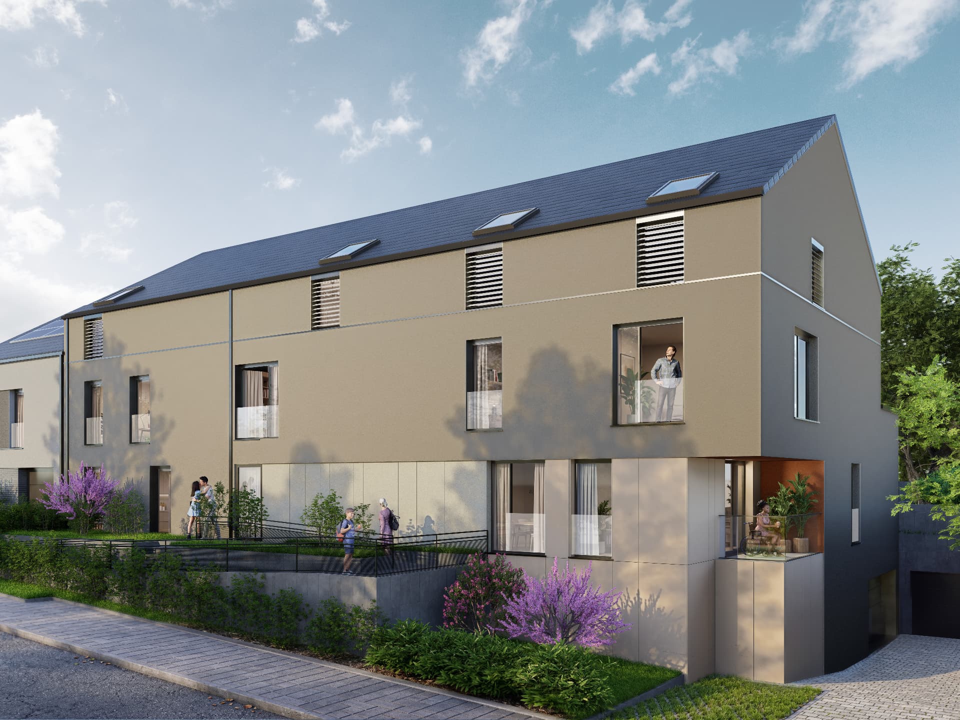 Rendu 3D de la résidence contemporaine SYLANE, entourée de végétation